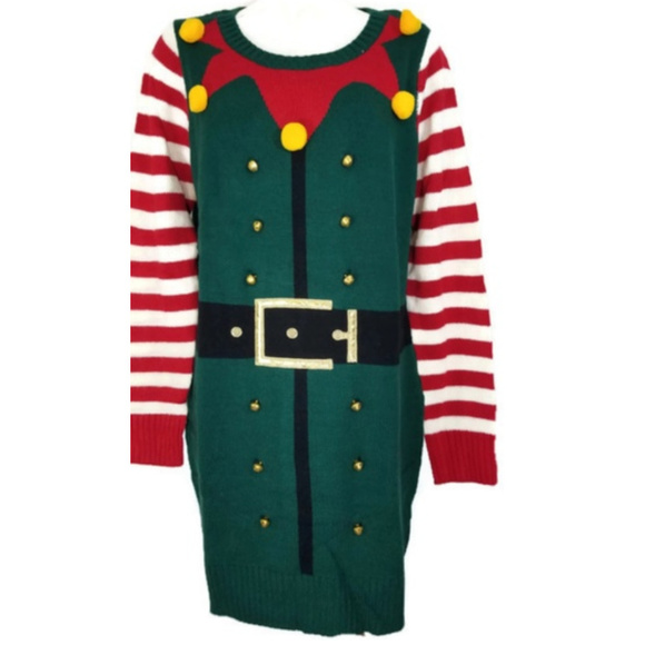Ugly Christmas Sweater Green Elf Bells Sz - Picture 1 of 3